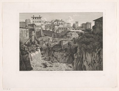 Utsikt over Tivoli, med Vesta-tempelet i det fjerne Situazione del Tempio di Vesta a Tivoli dirimpetto la Cascata (tittel på objekt) Malay radirte Prospekte aus Italien (serietittel) av Albert Christoph Dies