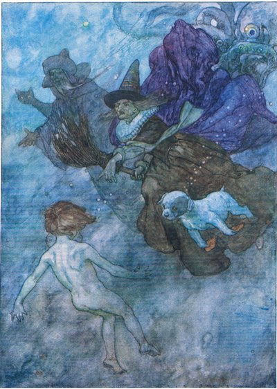 Alle rasende og skrikende på ham "se fremover, bare se fremover", fra The Water Babies pub. av Humphrey Milford Oxford University Press, ca. 1930 (farge litho) av Albert Edward Jackson