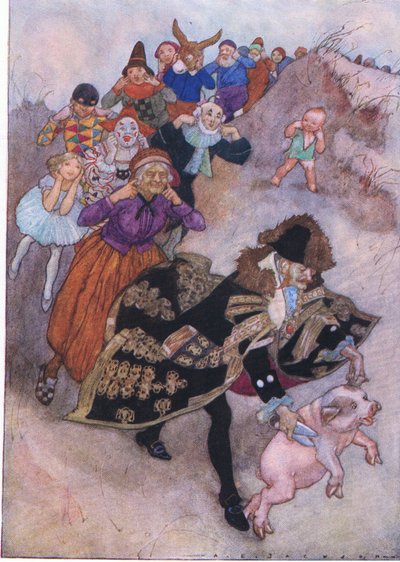 Før dem løp en gentleman som styrte en gris, fra The Water Babies pub. av Humphrey Milford Oxford University Press, ca. 1930 (farge litho) av Albert Edward Jackson
