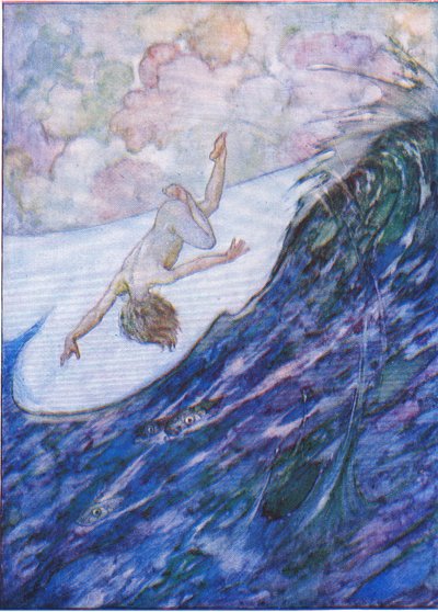 Han ga tre skip opp av vannet, en meter høy, og pladask, fra The Water Babies pub. av Humphrey Milford Oxford University Press, ca. 1930 (farge litho) av Albert Edward Jackson