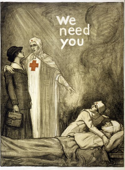 Røde Kors Rekrutteringsplakat, "Vi trenger deg", pub. 1918 (farge litho) av Albert Edward Sterner