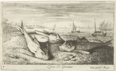 Tre saltvannsfisker på stranden Lyta, Le grenaut. (tittel på objekt) Fisk og andre sjødyr - saltvanns første serie (serietittel) Diverse Especes de Poissons de mer (serietittel) av Albert Flamen