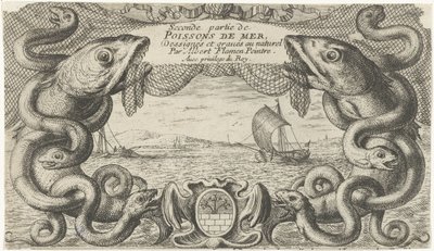 Havlandskap med kant av sjødyr og et fiskenett Fisk og andre sjødyr - saltvanns andre serie (serietittel) Poissons de mer (serietittel på objekt) av Albert Flamen