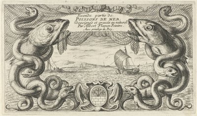 Havlandskap med kant av sjødyr og et fiskenett Fisk og andre sjødyr - saltvanns andre serie (serietittel) Poissons de mer (serietittel på objekt) av Albert Flamen
