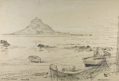 St. Michael's Mount, Cornwall, ca. 1870-80 (blyant, blekk og fargestift om bord) av Albert Goodwin