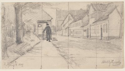 Gate i Køge med en gående mann av Albert Gottschalk