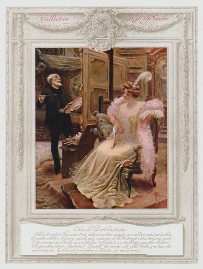 Belle Epoque Paris , fasjonabel dame som får portrettet malt (farge litho) av Albert Guillaume