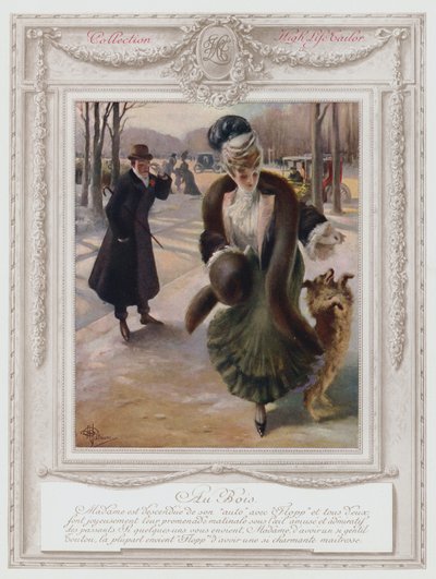 Belle Epoque Paris, fasjonabel dame i Bois de Boulogne (farge litho) av Albert Guillaume