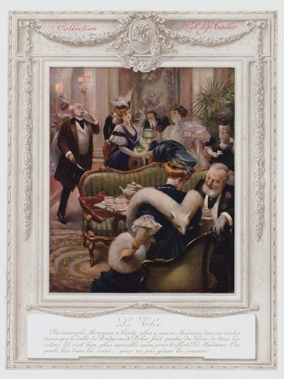 Belle Epoque Paris, fasjonabel dame som tar te (farge litho) av Albert Guillaume