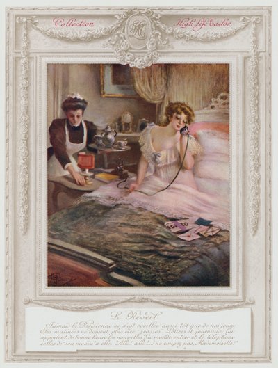 Belle Epoque Paris, fasjonabel dame som våkner (litho i farge) av Albert Guillaume