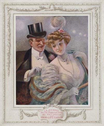 Belle Epoque Paris, fasjonabel dame med sin beundrer (farge litho) av Albert Guillaume