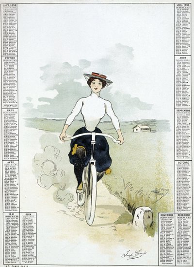 Kvinne på sykkel - tegning av Guillaume, kalender av Albert Guillaume