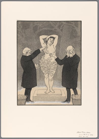 Design for en politisk tegneserie: to herrer dekker en stående naken kvinne med fikenblader av Albert Hahn (I)