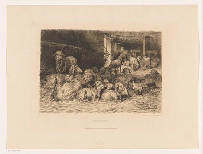 Interiør i en sauefjøs Une bergerie (tittel på objekt) av Albert Heinrich Brendel