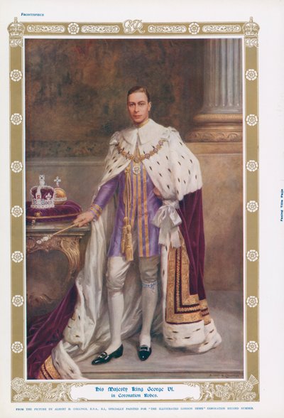 Kong George VI i sine kroningskapper (farge litho) av Albert Henry (after) Collings