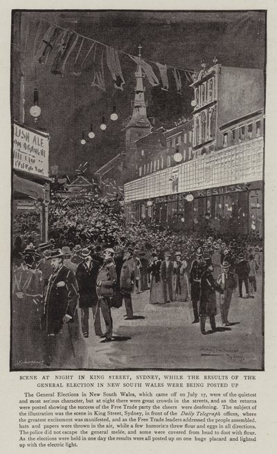 Scene om natten i King Street, Sydney, mens resultatene av det generelle valget i New South Wales ble lagt ut av Albert Henry Fullwood