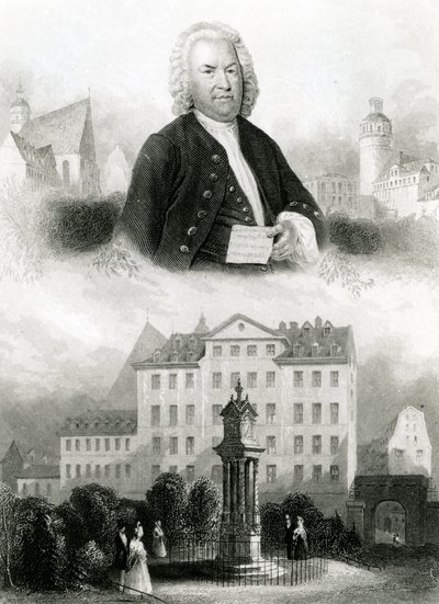 Portrett av Johann Sebastian Bach (1685-1750) og monument av Albert Henry Payne
