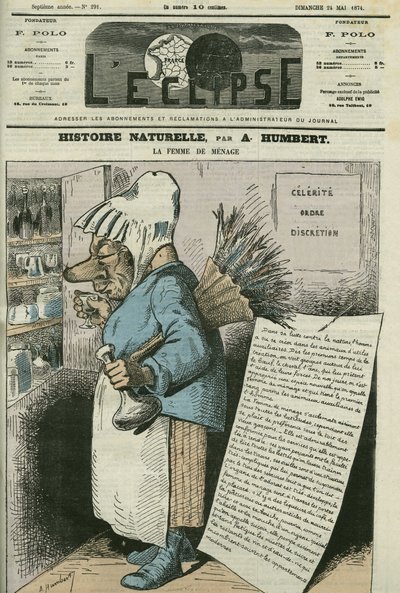 Tegneserie av "Husfruen, naturhistorie"". Omslag i "" L'Eclipse"" av A. Humbert, 24. mai av Albert Humbert