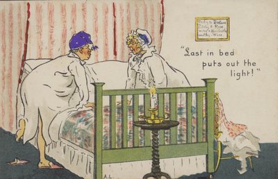 "Sist i sengen slukker lyset!" (farge litho) av Albert Jnr. Ludovici