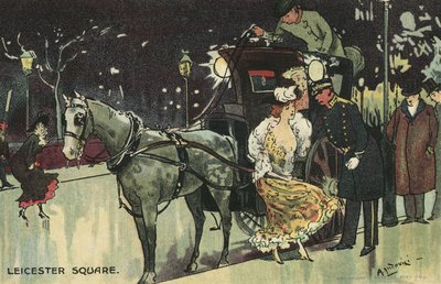 Kvinne forlater en vogn, Leicester Square (farge litho) av Albert Jnr. Ludovici