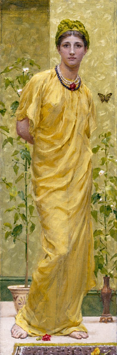 «Rapsodi i gult med sommerfugl» Rapsodi i gult med sommerfugl. Ung kvinne drapert i gult. Maleri av Albert Joseph Moore (1841–1893) (prerafaelitt) Privat samling av Albert Joseph Moore