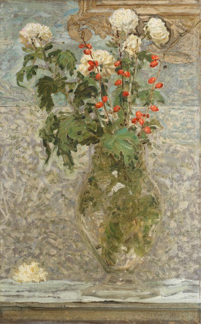 Hvite krysantemum og røde bær (olje på lerret) av Albert Joseph Moore