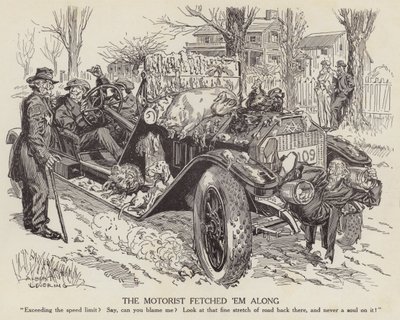 Tegneserie som håner en mann som kjører bilen sin over fartsgrensen (litho) av Albert Levering