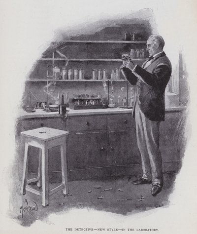 Detektiven, ny stil, i laboratoriet (litho) av Albert Morrow
