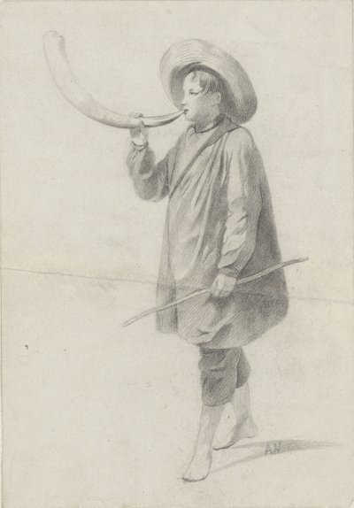 Hyrdegutt som blåser i horn av Albert  Neuhuys