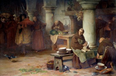 Saint Bonaventure (San Bonaventura) (1217-1274) mottar den lilla kardinalen En høy embetsmann i Vatikanet bringer kardinalens bar til munken som okkuperer menasjeriet i klosteret. Maleri av Albert Pierre Dawant (1852-1923) 1897 Søn. 1,4x av Albert Pierre Dawant
