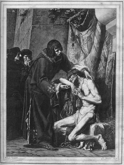 Louis IX trøster en spedalsk: Kongen av Frankrike Saint Louis (1214-1270) og en syk person under et utbrudd av spedalskhet. Gravering fra 1878 fra maleriet av Albert Maignan (1845-1908). av Albert Pierre René (after) Maignan