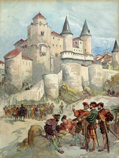 En fange, Francois 1. (1494-1547) ble låst inne i et tårn på Alcazar i Madrid (Spania) frem til 1526. Illustrasjon av Albert Robida