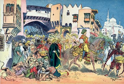 Aladdin rir gjennom byens gater og kaster penger rundt ham Illustrasjon av Albert Robida (1848-1926) for eventyret "Aladin og den vidunderlige lampen" i "" les mille et une nuits" (Illustrasjon til eventyret "" Aladdin&qu av Albert Robida