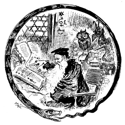 Alkymisten konsulterer sine grimoires (magiske - kabalistiske formler) under øynene til en ugle og en demon - bildets ramme er formet av en slange som biter halen - Lettrine som danner bokstaven O - illustrasjon av Albert Robida (1848-1926) for et kapittel av Albert Robida