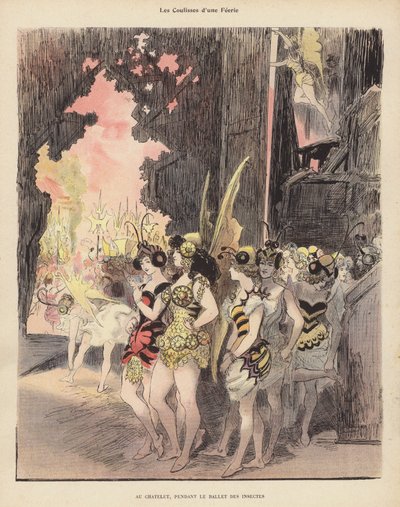 Backstage under en produksjon av Ballet des Insectes på Theatre du Chatelet, Paris (farge litho) av Albert Robida