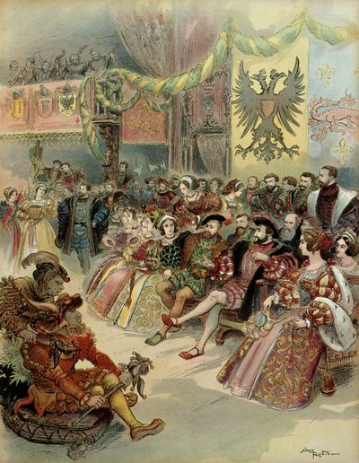 Bal ved hoffet til kongen av Frankrike, Francois 1. (1494-1547), med nærvær av Charles V (1500-1558) konge av Spania og keiser av Det hellige romerske rike Germanic, i slottet Fontainebleau, i 1539. Illustrasjon av Albert Robida
