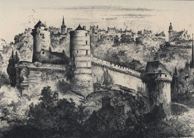 Chateau de Fougeres - slottsfort i departementet Ille-et-Vilaine. Gamle Frankrike - Bretagne - tekst, tegninger og litografier, av Albert Robida (1848-1926) udatert slutten av 1800-tallet av Albert Robida