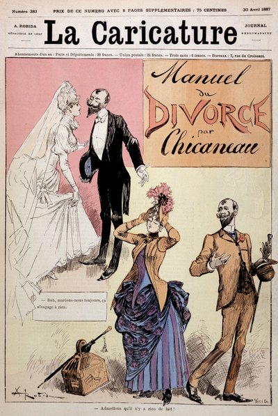 Par giftet seg deretter skilsmisse, "" Le Manuel du divorce"" av Chicaneau, illustrasjon av Albert Robida (1848-1926), omslag. ""Karikaturen"", 30.04.1887. av Albert Robida