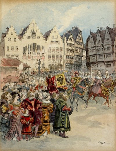 Valg av Karl V (1500-1558) til keiser av Tyskland 28. juni 1519. De syv kurfyrstkårene går gjennom gatene i Frankfurt (Tyskland). Illustrasjon av Albert Robida