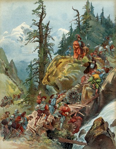 Femte italienske krig (1515-1516): passasjen av Alpene i august 1515, ved Larche-passet, av hæren til Francois I (1494-1547), på vei til Italia. Illustrasjon av Albert Robida