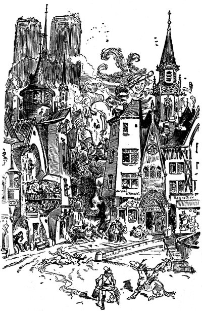 Kjempen Gargantua går gjennom Paris og sår panikk og ødeleggelse i veien hans. Han lærer å spytte på katedralen Notre Dame de Paris, hvis tårn i bakgrunnen er utmerkede. Med dette spyttet vil mer enn 3000 parisere drukne! Illustrasjon av Albert Robida