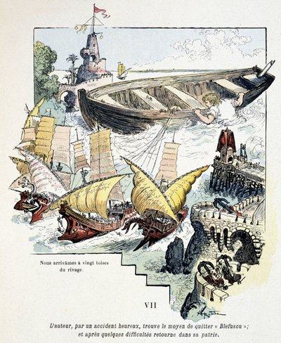 Gulliver og hans gigantiske båt i havnen til Lilliputians - i "" Voyages de Gulliver"" av Jonathan Swift (1721), ill. av Robida av Albert Robida