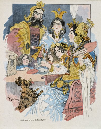 Gulliver ved Brobdignac Court - i "" Gulliver Voyages"" av Swift, ill. av Robida av Albert Robida