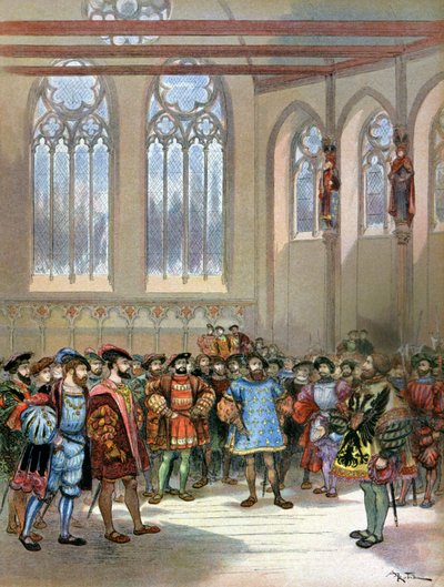 Harbinger av Charles Quint mottatt av Francois I av Albert Robida