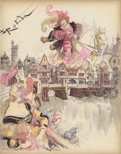 Rytter hopper over en bro (farge litho) av Albert Robida