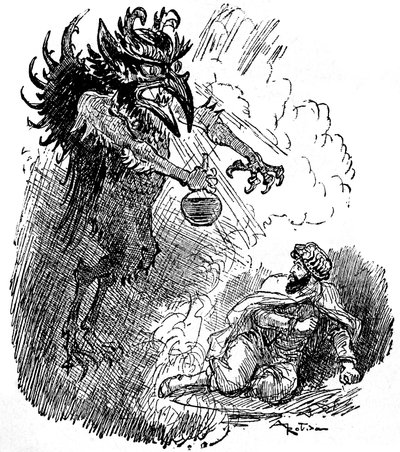 Illustrasjon av Albert Robida (1848-1926) av en arabisk legende (1001 netter) (Tales of the Thousand and One Nights): en fryktelig demon (ond ånd) presenterer en mann med en flaske vin. gravering av boken quot;Choix de lecturesquot;quot; Armand Colin 1926. av Albert Robida