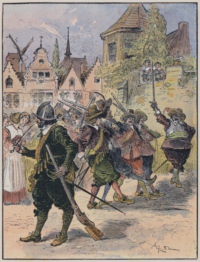 Illustrasjon for Le Capitaine Bellormeau av og illustrert av A Robida (farge litho) av Albert Robida