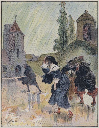 Illustrasjon for Le Capitaine Bellormeau av og illustrert av A Robida (farge litho) av Albert Robida