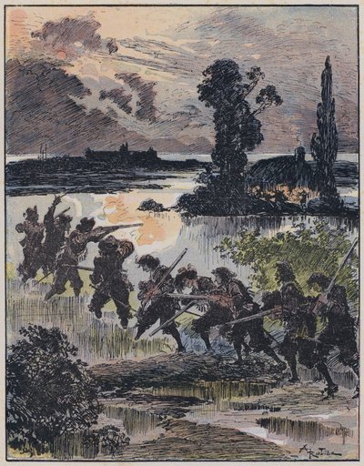 Illustrasjon for Le Capitaine Bellormeau av og illustrert av A Robida (farge litho) av Albert Robida