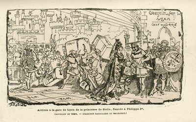 Illustrasjon av Albert Robida (1848-1926) i Histoire de France tintamarresque, ca. 1880 - Stasjon, Ancien-regimet, Sicilia - Philippe I av Albert Robida